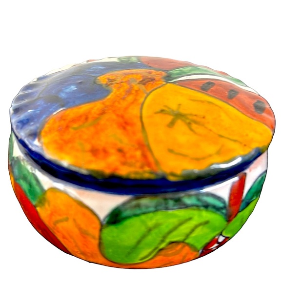 Trinket Box Ceramic Colorful Blue, Green , Yellow, Rust with lid 3"D - Picture 1 of 4
